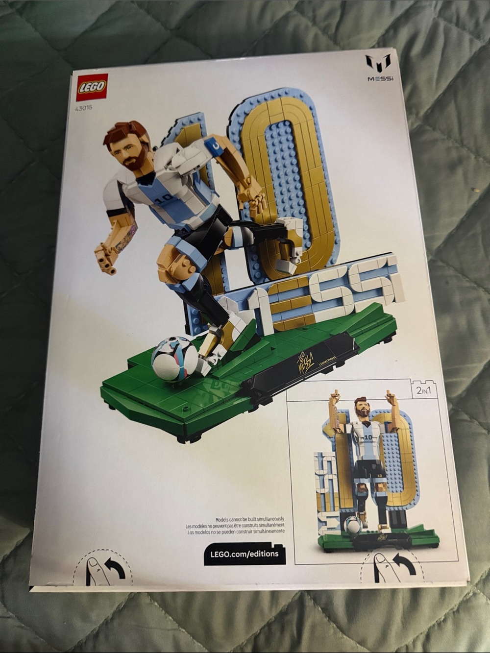 LEGO Messi Display Build in White, Blue, Gold, Green